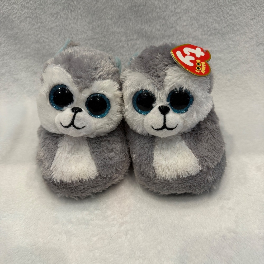 Ty Beanie Boos Slush the Husky Plush Slippers Grey White Blue Eyes Kids Size 10